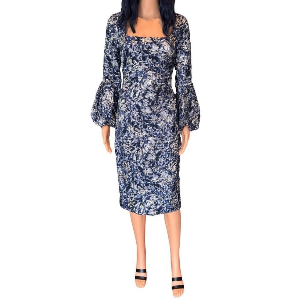 NWT Theia Brocade Dress 4 Navy Square Puff Sleeve Midi Wedding Guest Cocktail - Picture 2 of 9